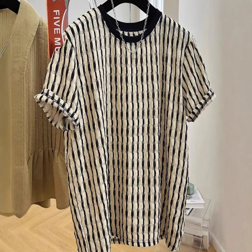 Men's black striped loose short sleeve shirt made from silk and linen blend fabric
