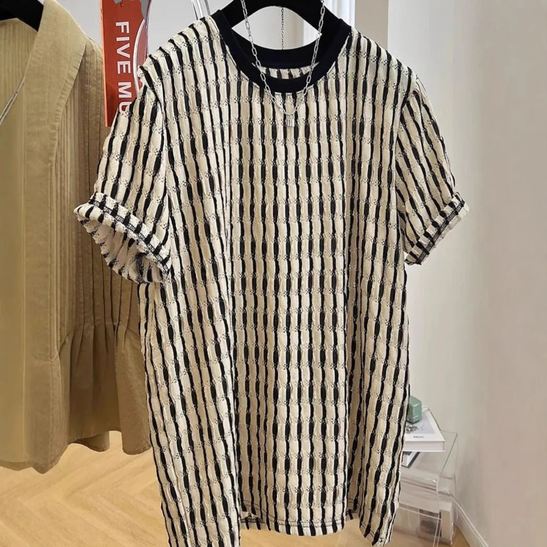 Men's black striped loose short sleeve shirt made from silk and linen blend fabric