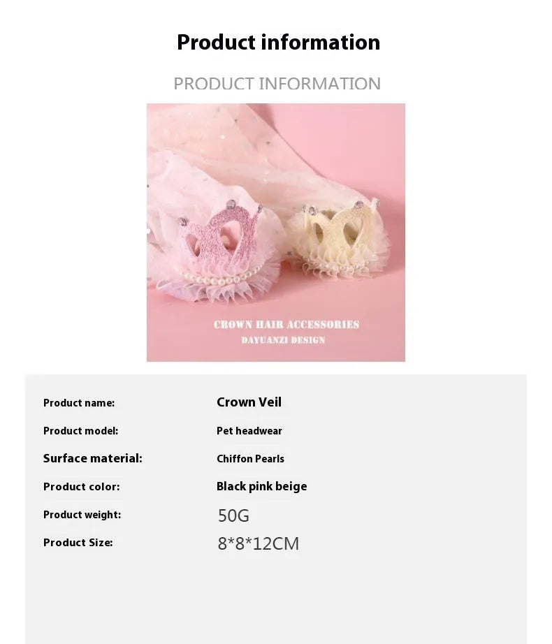 Pet princess crown headdress with cotton polyester veil in beige and pink options for cat and dog special events