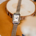 Rectangular Milan mesh strap women's watch in silver with steel band and 30m water resistance