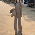 Women's acrylic fibre sweater and wide leg pants two-piece set in beige, black, grey, khaki or pink