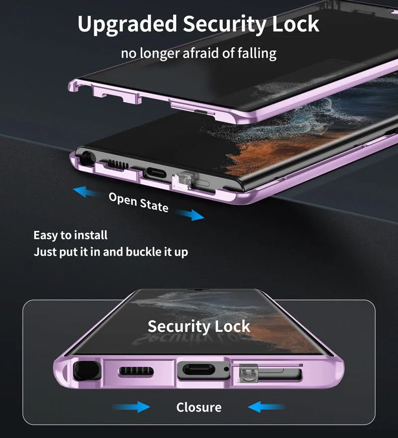 Metallic magnetic mirror phone case for Samsung S24 Ultra in various colours showing privacy screen.