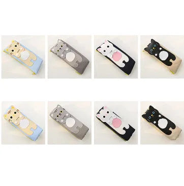 Canvas pencil case with cat cartoon design, large zipper opening, square shape, available in blue beige gray black