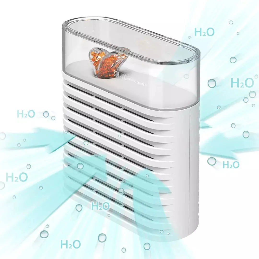 White recyclable cabinet dehumidifier box with transparent top showing colour-changing silica gel beads