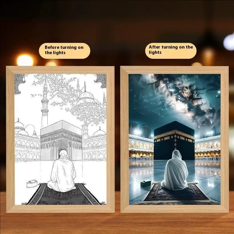 Modern rectangular LED light painting frame showing a sea and home scene on a wall.