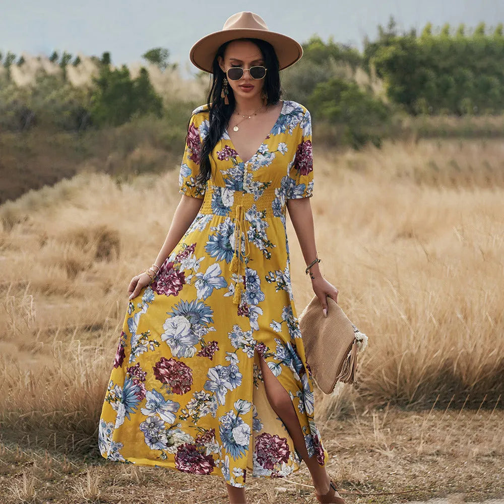 Women's floral print V-neck beach dress with elastic high waist in summer colours