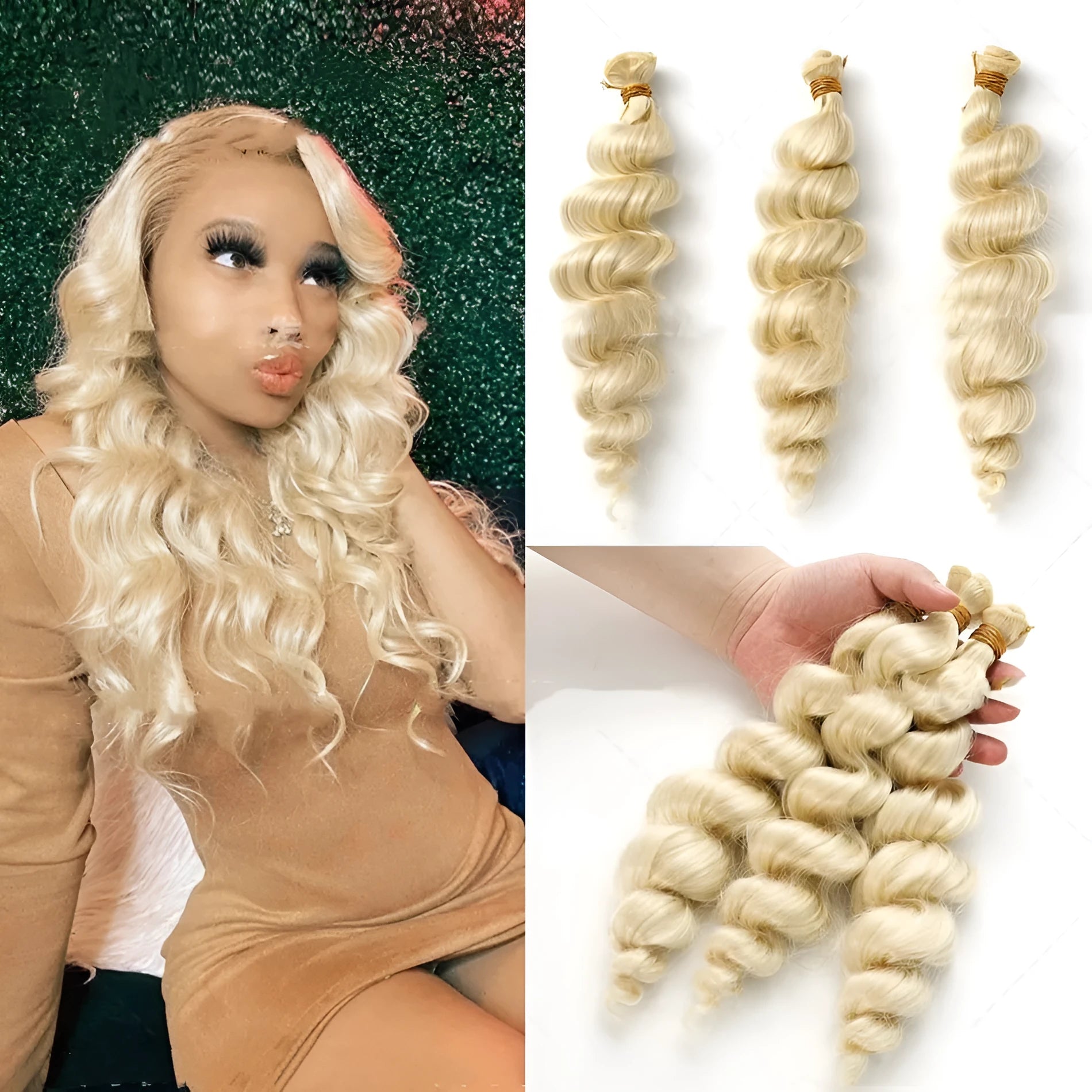 Golden blonde synthetic women's wig shown in three length options