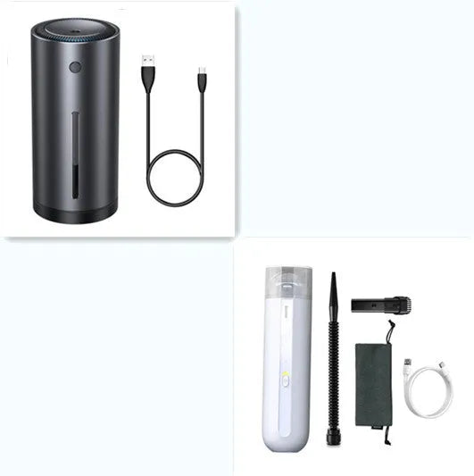 Wireless handheld car vacuum cleaner in black, white, or green with blowing hose attachment.
