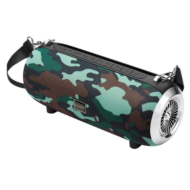F666 square portable Bluetooth speaker with shoulder strap, showing retractable FM antenna and control buttons.