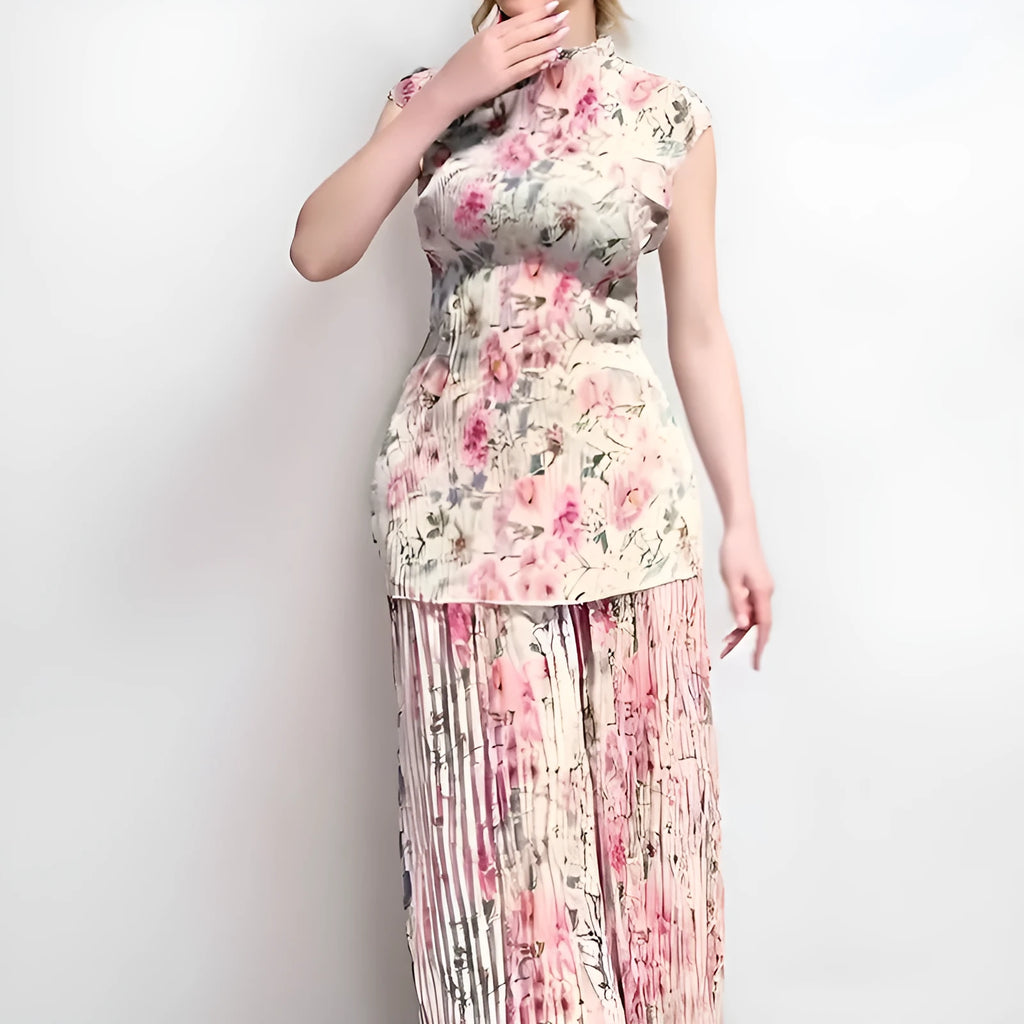 Women's printed long sleeve chiffon top with matching high-waisted skirt two-piece set