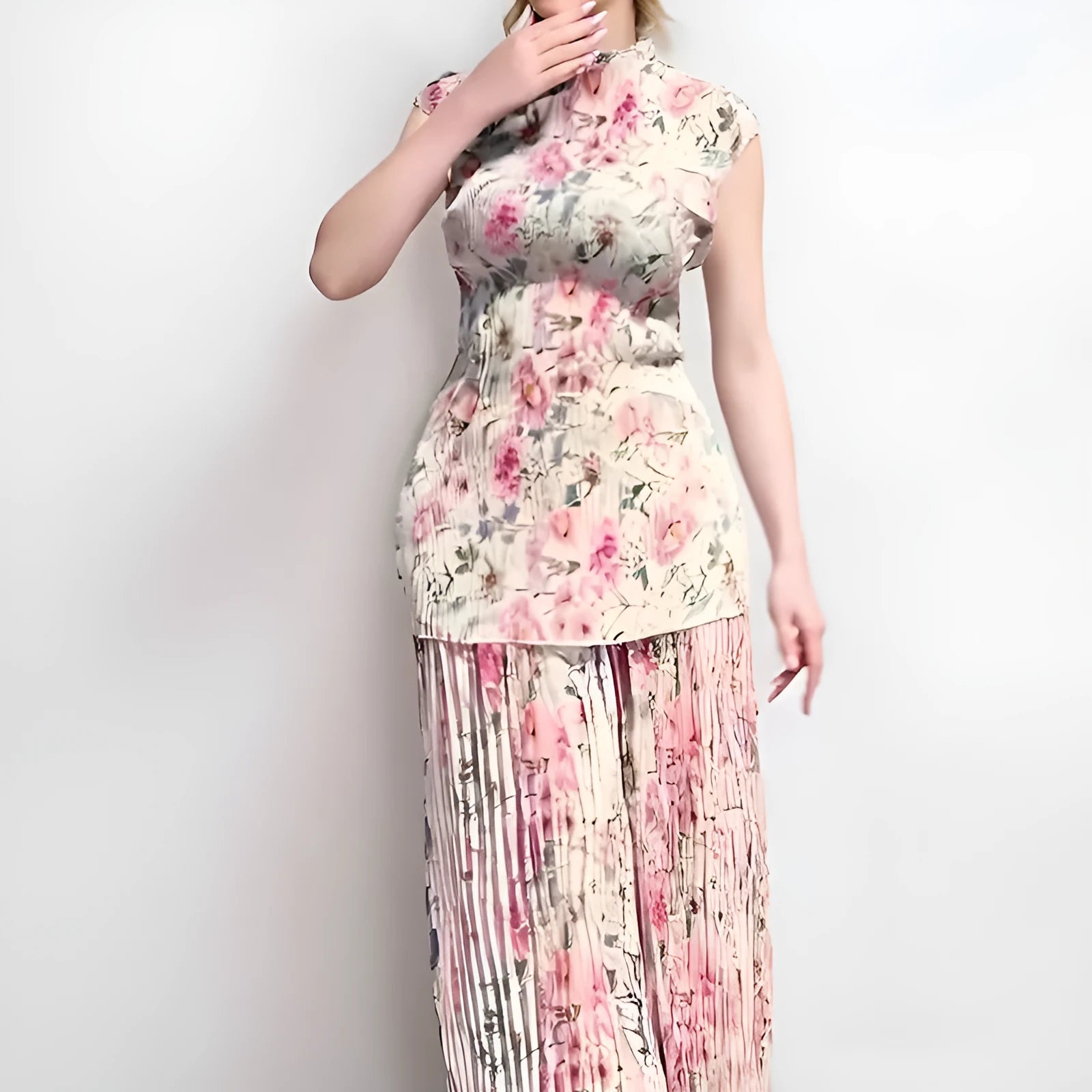 Women's printed long sleeve chiffon top with matching high-waisted skirt two-piece set
