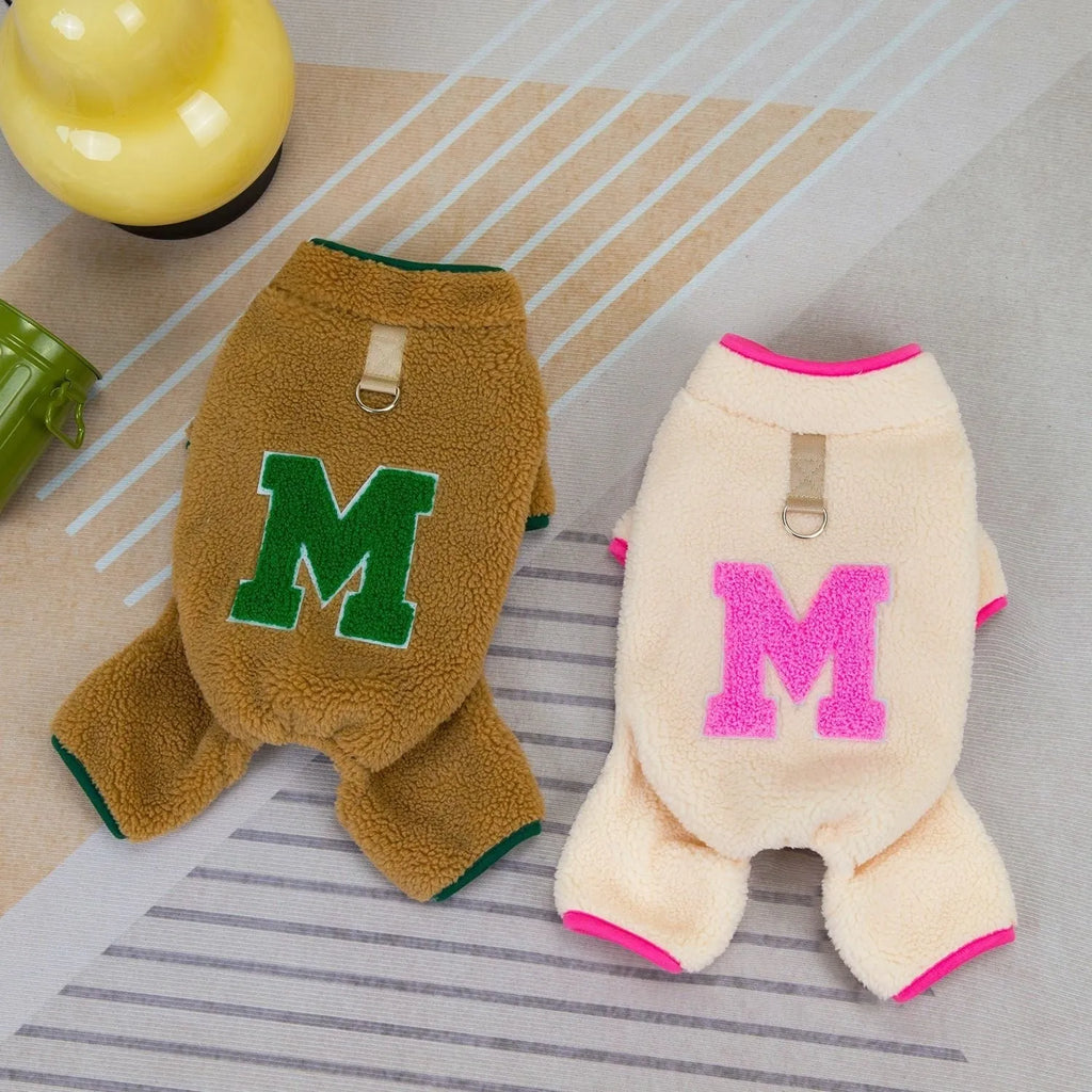 Four legs fluffy jacket pet clothing in beige colour on a small dog, polyester fabric, casual style.