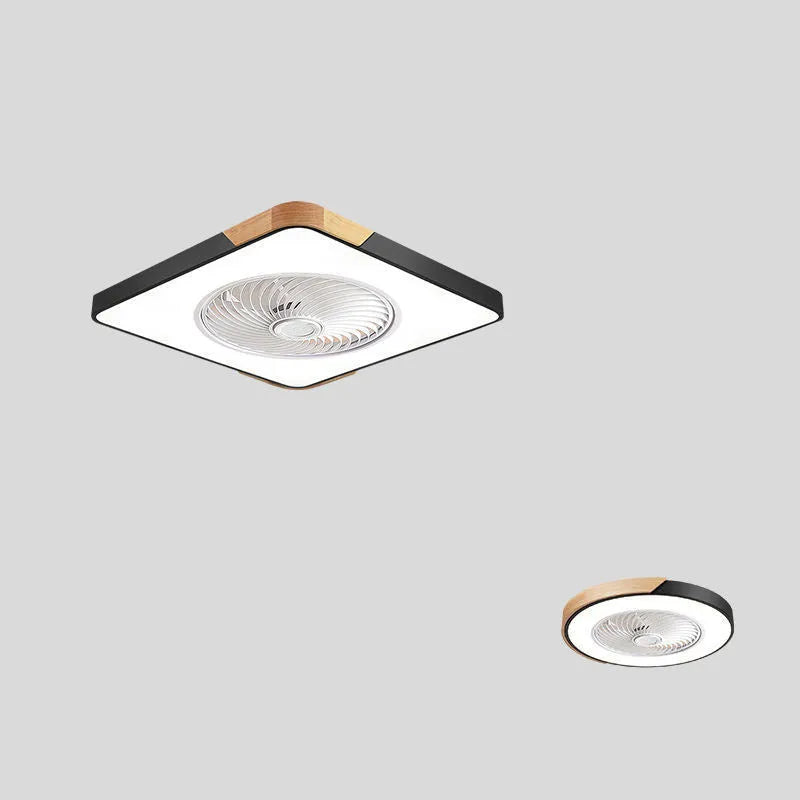 Nordic style wooden ceiling fan with integrated light fixture and PVC lampshade.