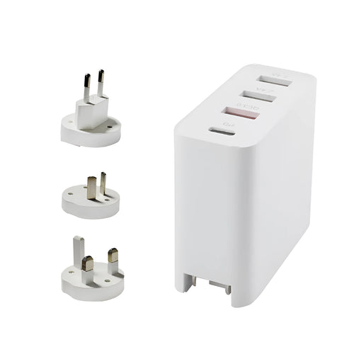 Black 48W four-port USB-C PD fast charger with LED indicators showing charging status