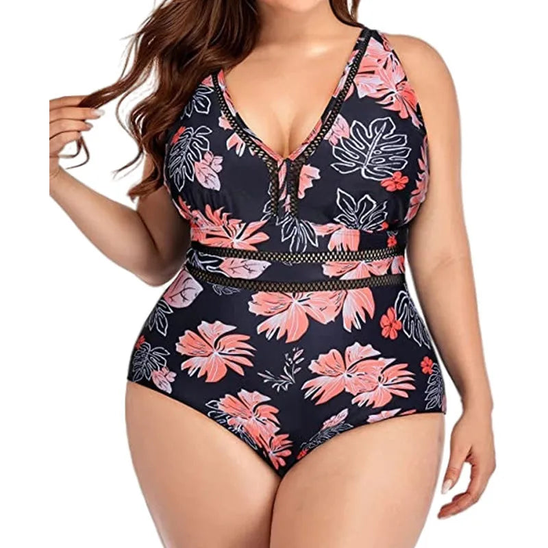Black printed plus-size bikini swimsuit for women on a hanger.