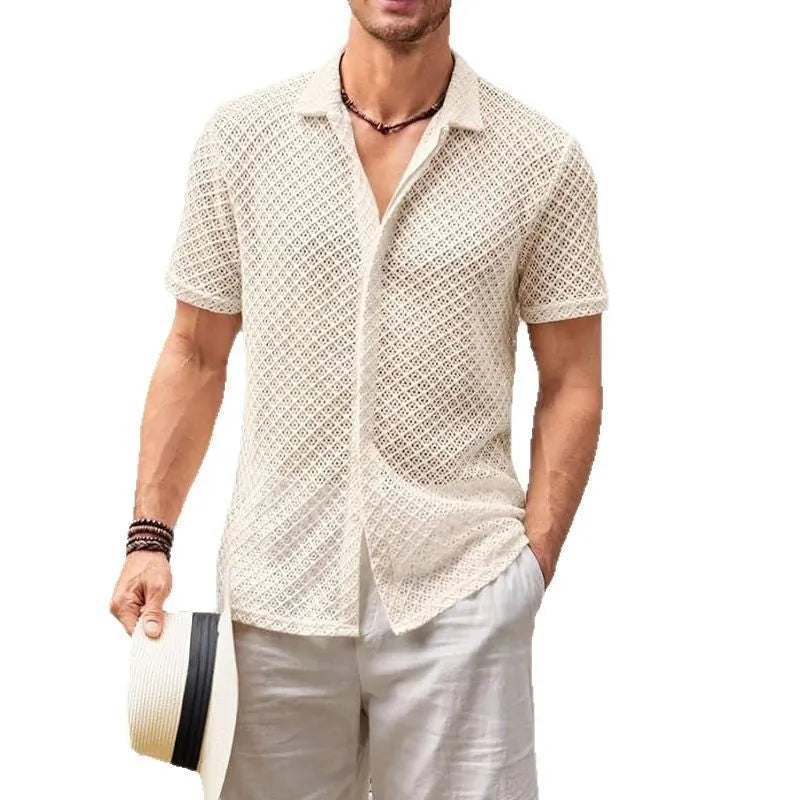 Men's mesh fabric short sleeve shirt with lapel collar in milky white colour