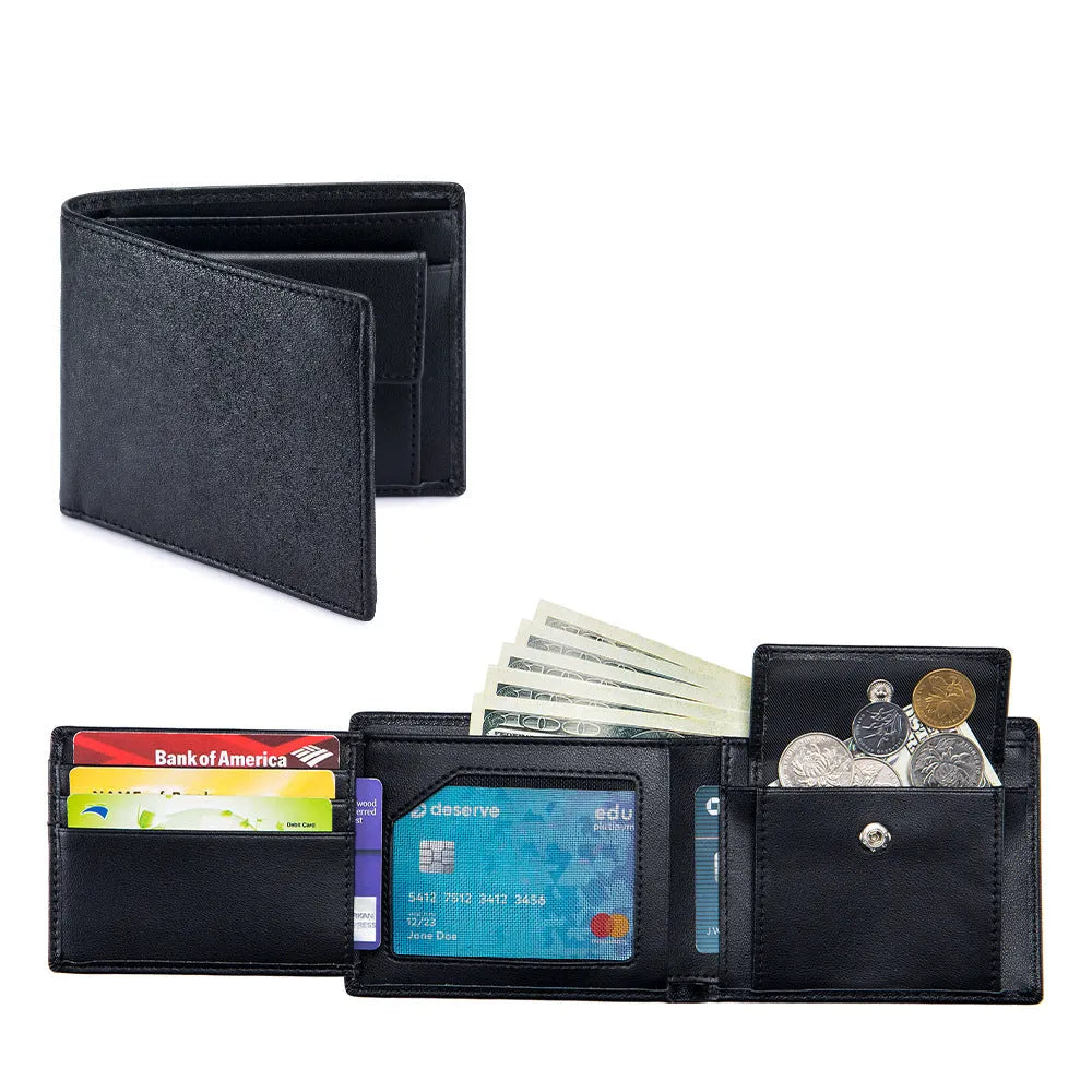Soft cowhide trifold wallet for men in black with European and American retro print genuine leather