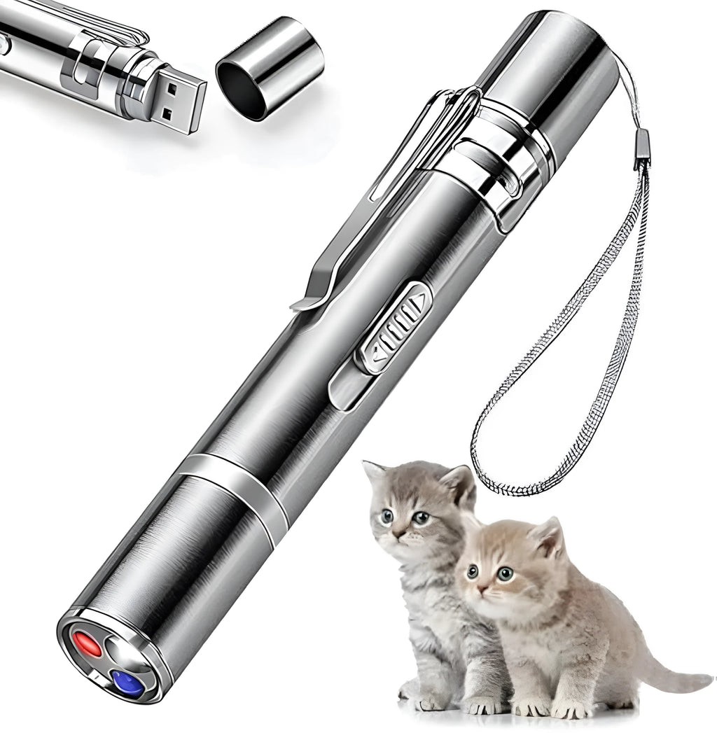 Silver aluminium cat laser pointer with USB charging port and adjustable light modes