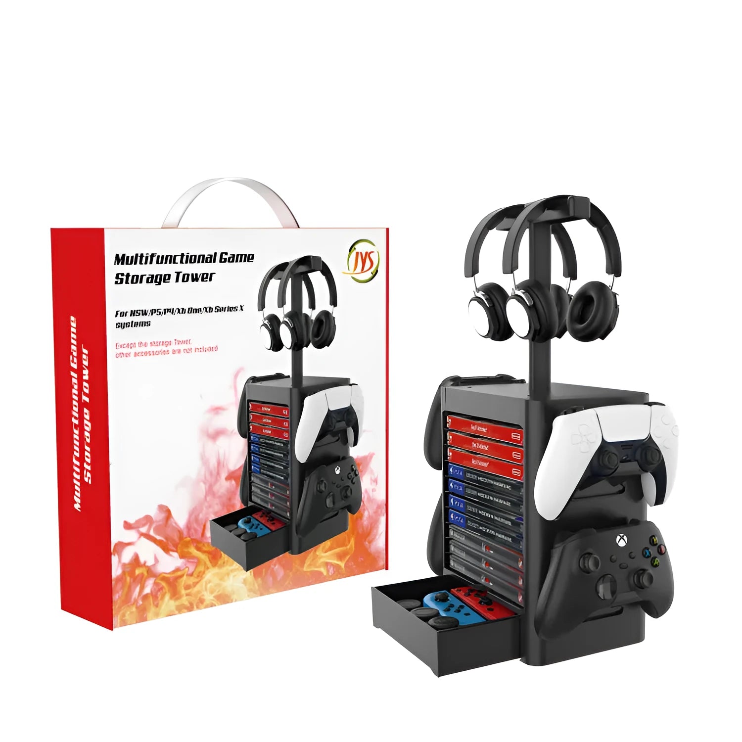 Black gaming console CD storage rack with headphone top, side controller hooks, and bottom accessory drawer