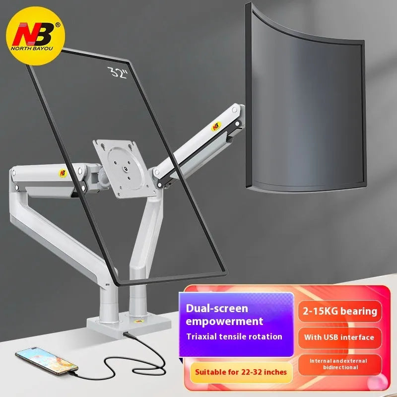 Gun black aluminium alloy dual monitor arm holding two screens on a desktop