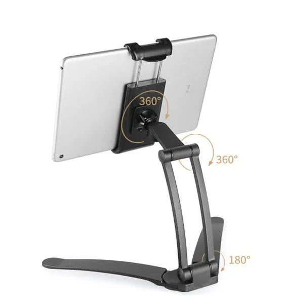 Silver aluminum alloy desktop tablet stand holding a tablet at adjustable angle with white mounting base