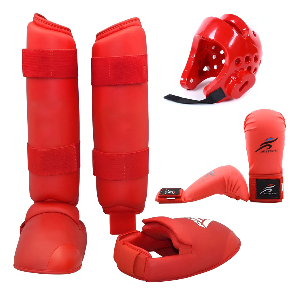 Red and blue karate taekwondo protective gear set showing leg guards, helmet, and boxing gloves