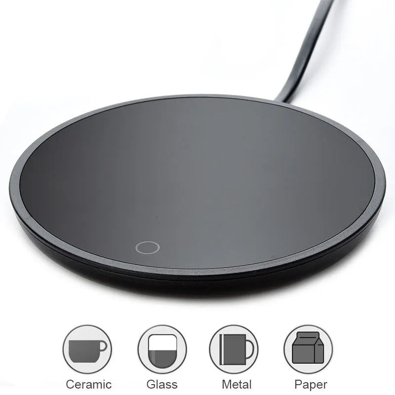 Black coffee cup warmer with 12 cm tempered glass heating surface and ABS plastic base