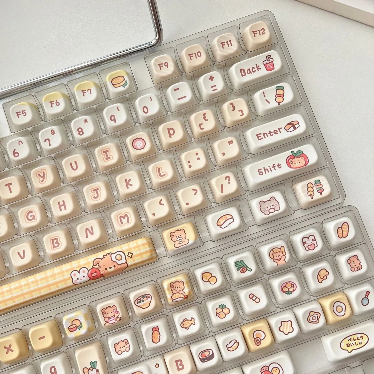 Rabbit Bear Restaurant themed PBT plastic keycap set showing detailed coloured artwork on 140 EOA height keycaps.