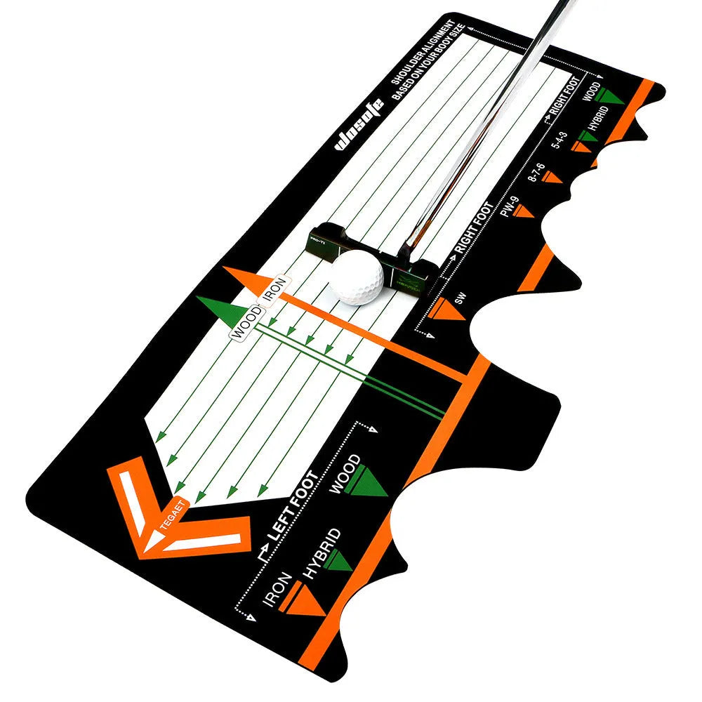 Black neoprene golf swing training mat with white alignment markings for stance correction.