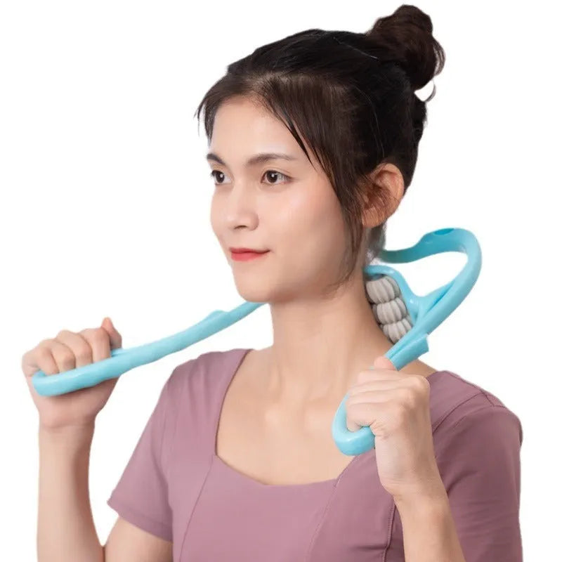 Blue plastic handheld massager with six rotating wheels for neck and shoulder massage.