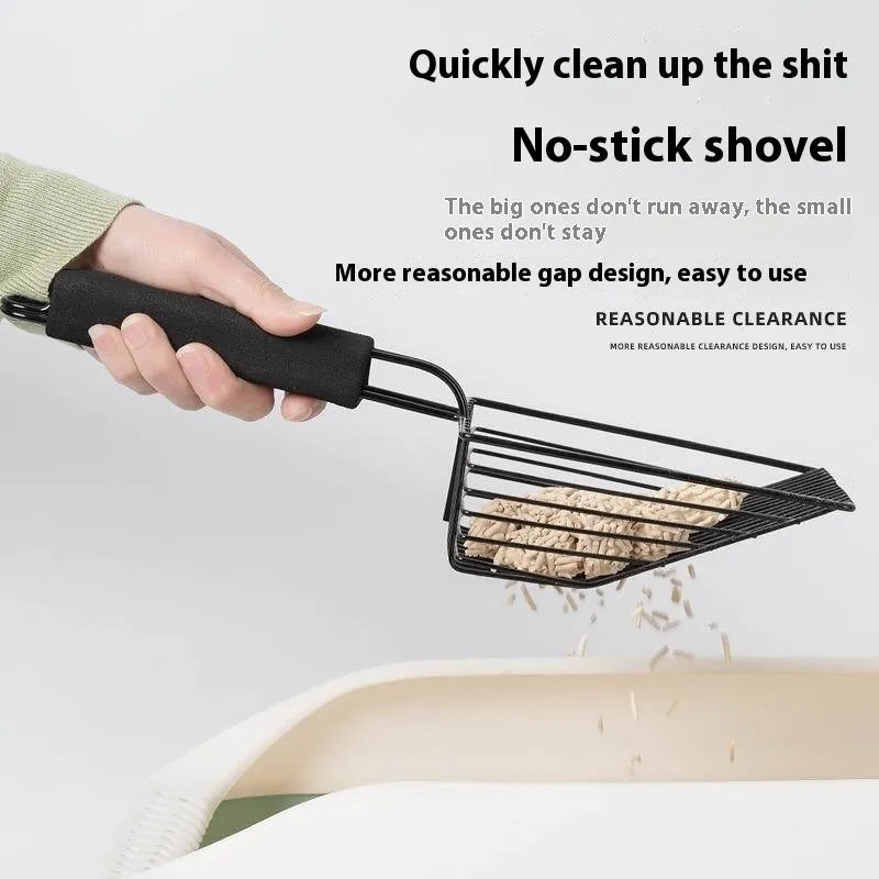 Black metal alloy cat litter scoop with long handle and 0.8cm sifting gap