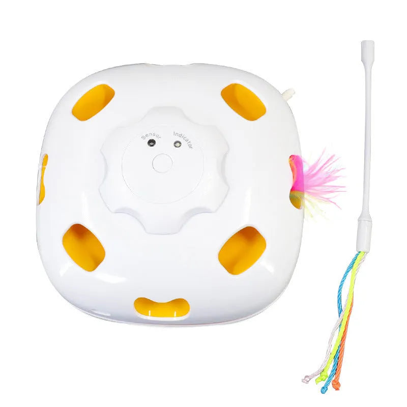 Colourful plastic cat toy with ball tower design measuring 19.8 x 11.5 x 19.5cm