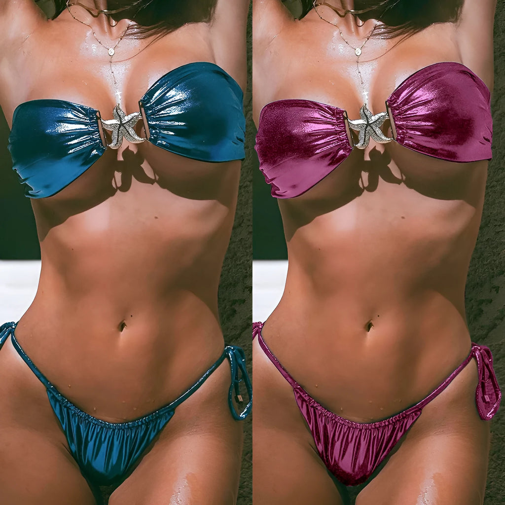 Women's glossy blue bikini with gold starfish pattern, tube top and split briefs design
