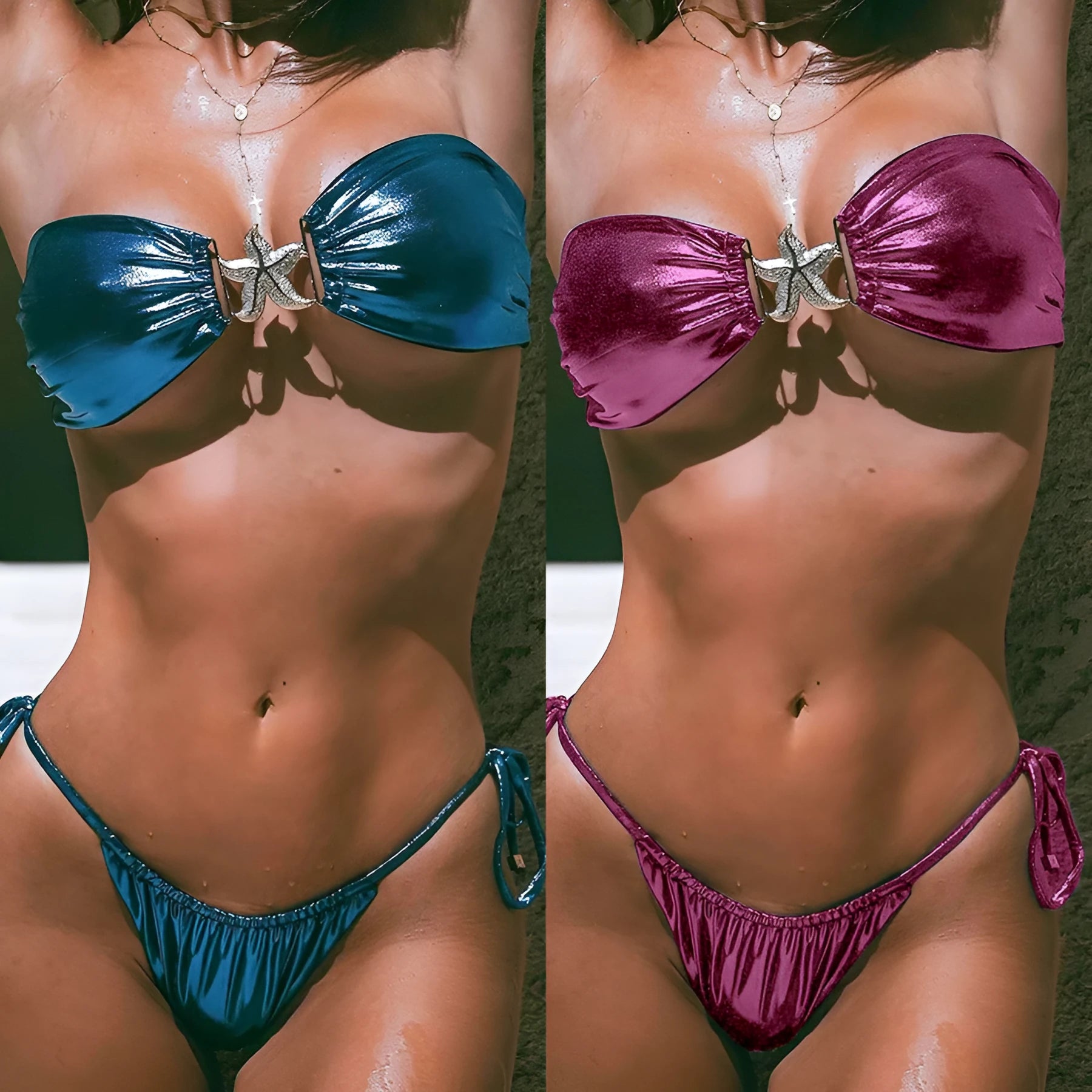 Women's glossy blue bikini with gold starfish pattern, tube top and split briefs design