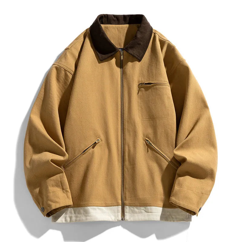 Men's loose fit retro work jacket with contrasting lapels in polyester fabric