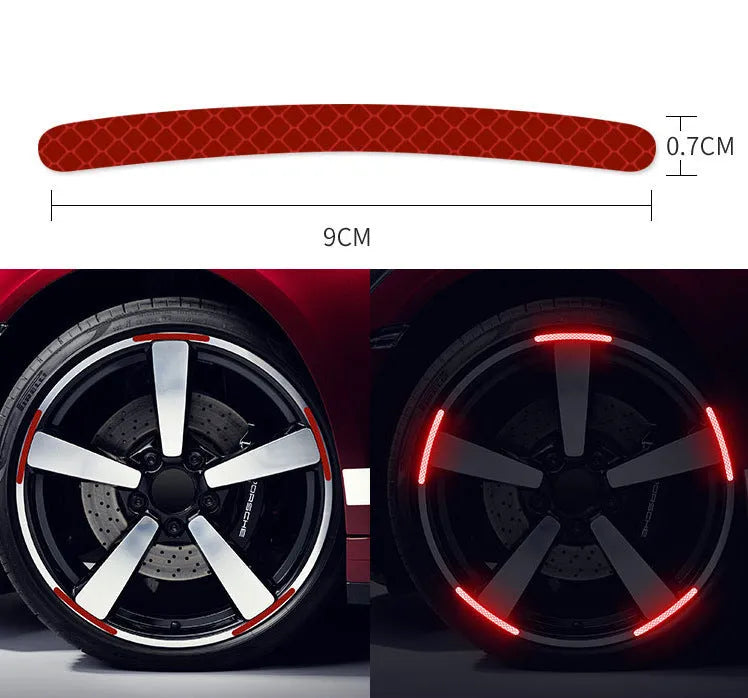 20PCs car wheel hub reflective sticker set showing arc pattern design on PVC material