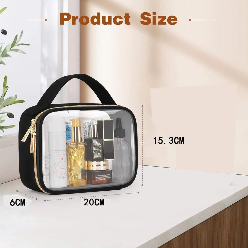 Transparent PVC makeup organiser bag with chain handle in assorted colours on a plain background.