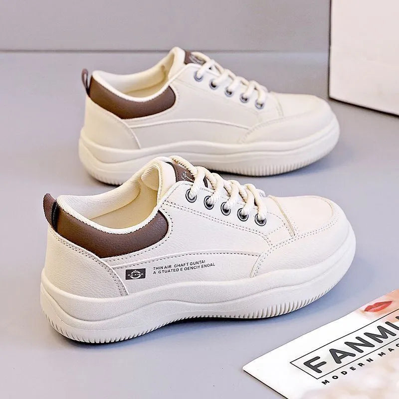 Women's Korean-style white pumps with cross straps and leather stitching on synthetic leather upper