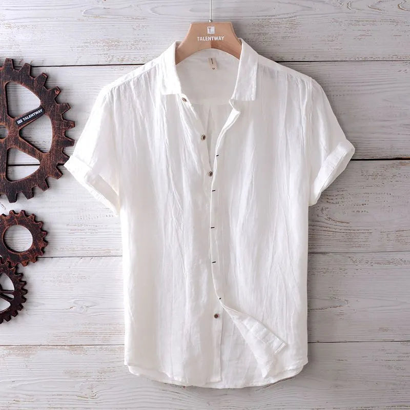 Men's solid colour retro distressed linen shirt in white with relaxed fit and button front