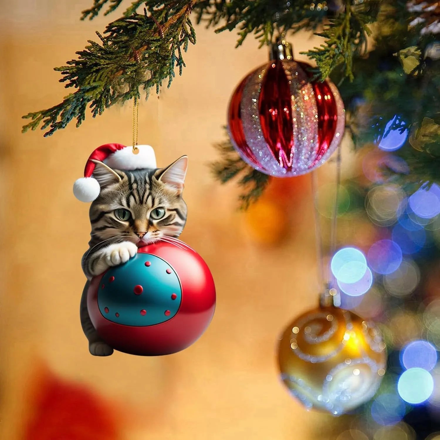Colourful cartoon kitty car hanging ornament made of clear acrylic for Christmas interior decoration.