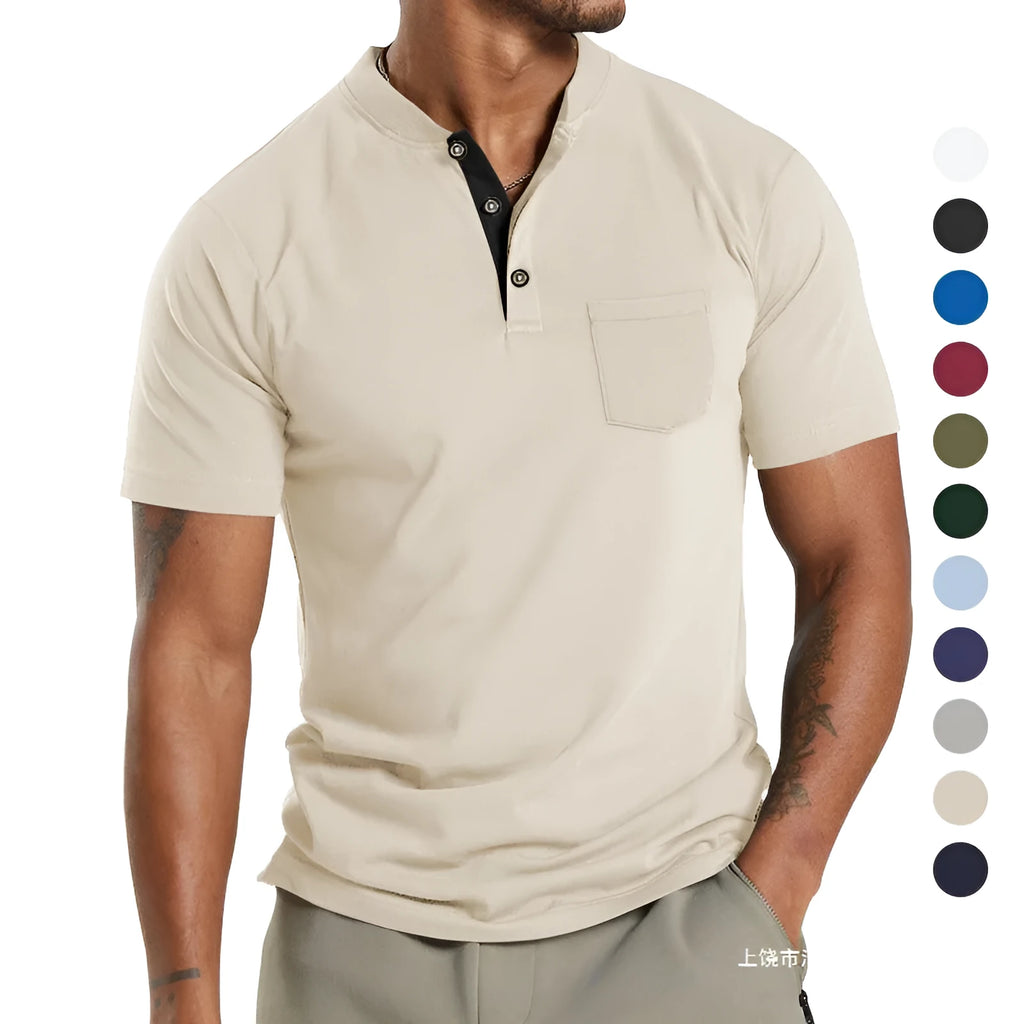 Men's plus size solid colour short sleeve polyester shirt with a button pocket on the chest.