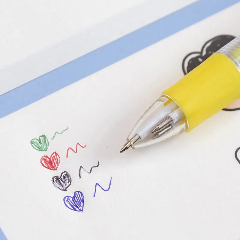 Four-colour press-action ballpoint pen with cartoon-themed refills and 0.7mm bullet tip