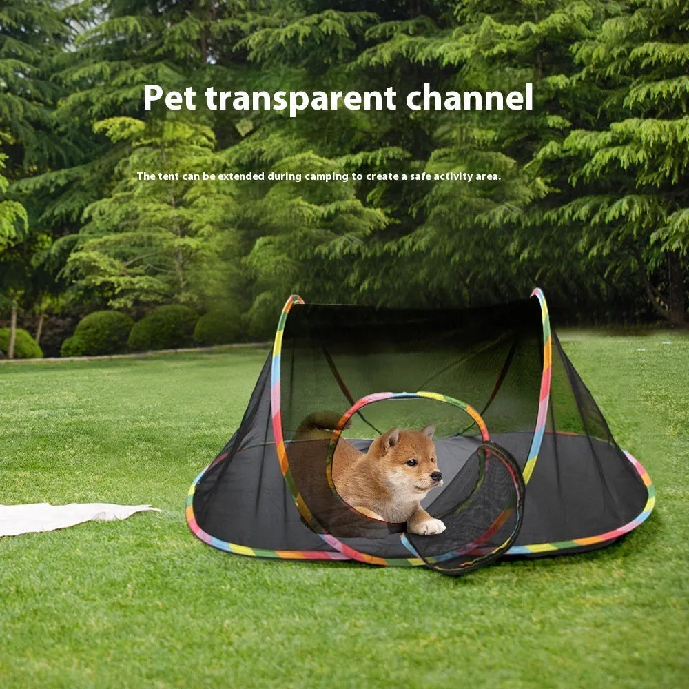 Foldable mesh cat play tunnel in multiple shapes including hexagonal, long straight, tee, tent and square designs