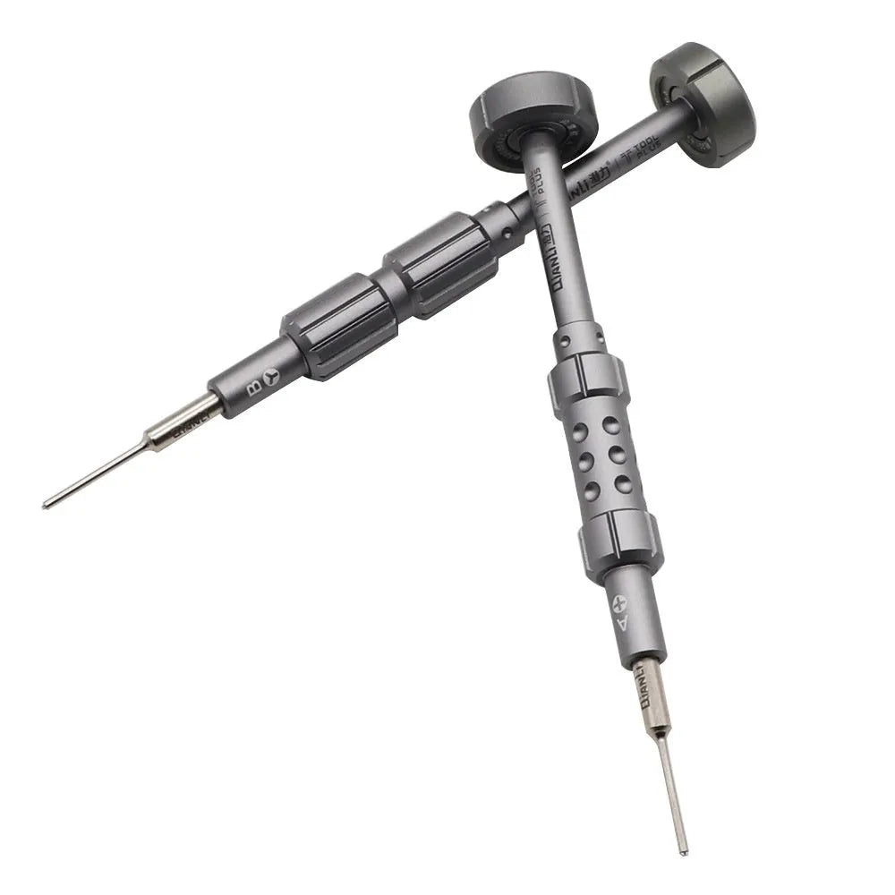 iPhone compatible precision screwdriver with grenade-shaped aluminium handle and five bit types including T2 cross triangle