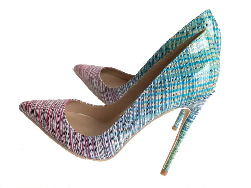Pink to blue gradient patent leather ladies stilettos with pointed toe and high heel