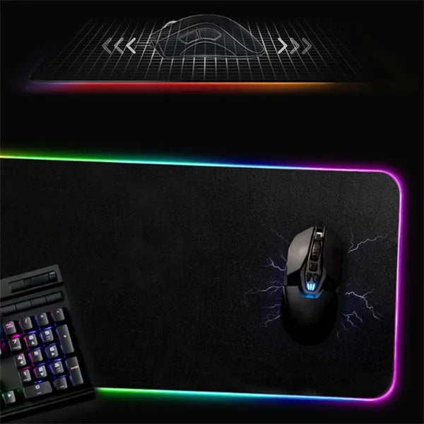 Luminous table mat gaming mouse pad with RGB illumination and non-slip rubber base in black on a wooden desk