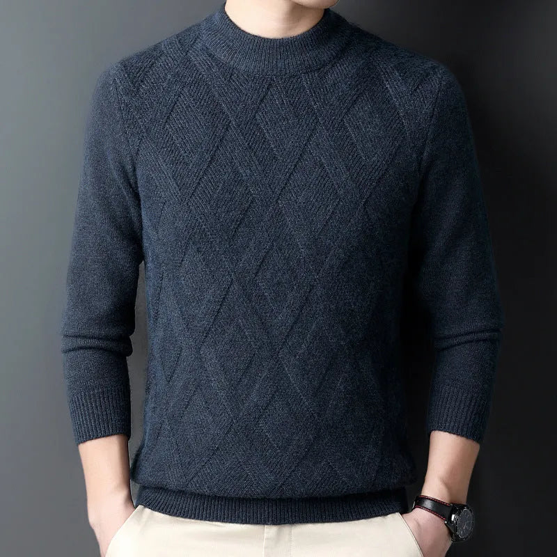 Men's thick grey diamond jacquard wool-blend pullover sweater on a hanger.