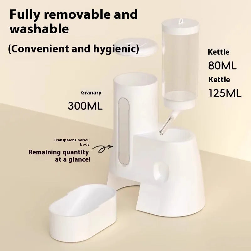 Hamster automatic drinking water feeder with integrated food basin in blue, pink, or white.