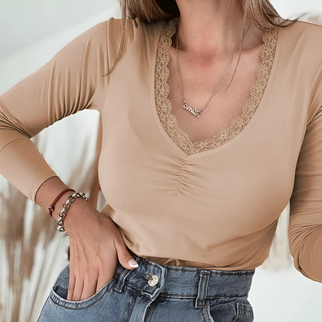 Women's solid colour long sleeve casual top with lace trim detail in slim fit design