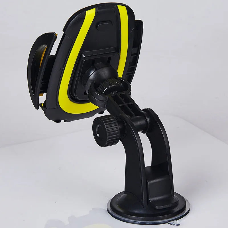 Red U-shaped suction cup mobile phone holder for car or desk with wide clamp arm on black background.